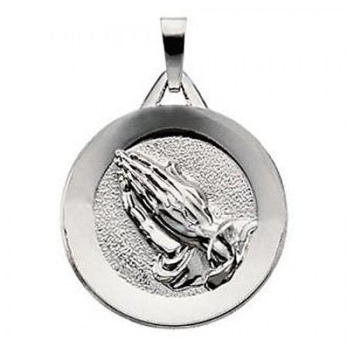 14k White Gold Round Religious Pendant Praying Hands