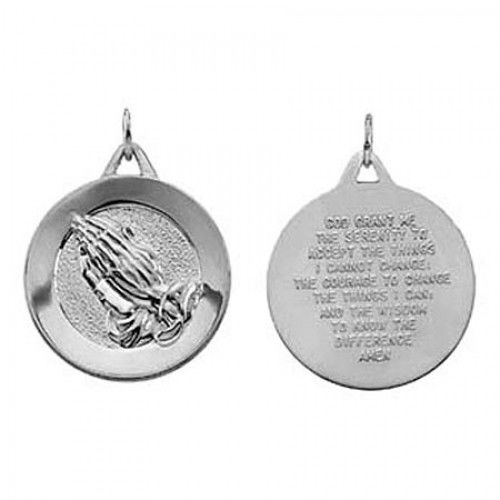 14k White Gold Circular Religious Medal Praying Hands