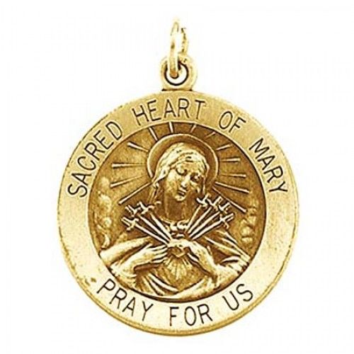 Unisex 14k Yellow Gold Mary of Sacred Heart Religious Pendant - 15mm