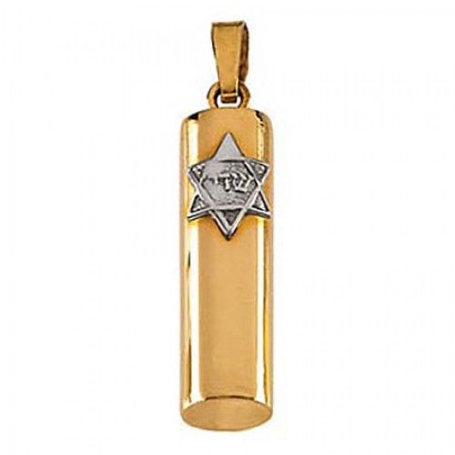 14k White and Yellow Gold Mezuzah Two-Tone Star of David Religious Pendant - 5mm