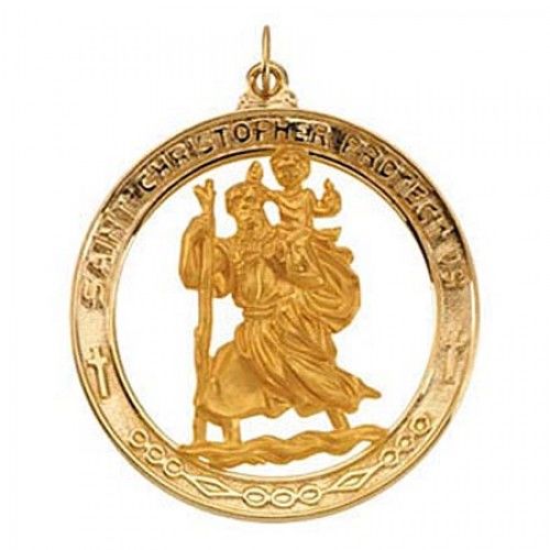 14k Yellow Gold St. Christopher Saint of Sailors Religious Pendant - 38.5mm