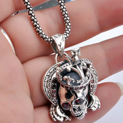 Ruby Inlaid Royal Skull Crown Pendant for Men's Gothic Jewelry (w/ SILVER CHAIN)