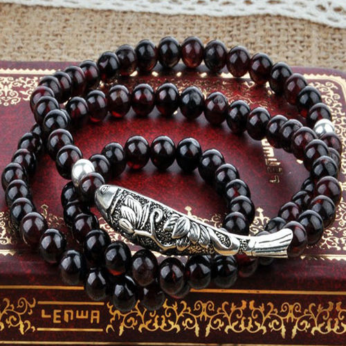 Silver Fish Bracelet for Mens or Women's Fashion Jewelry 3 LAYER GARNET STONES