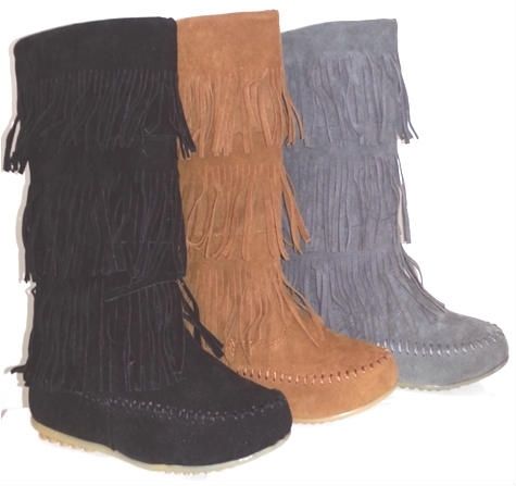 Moccasin Boots with Fringe-Black/Tan/Gray Case Pack 12