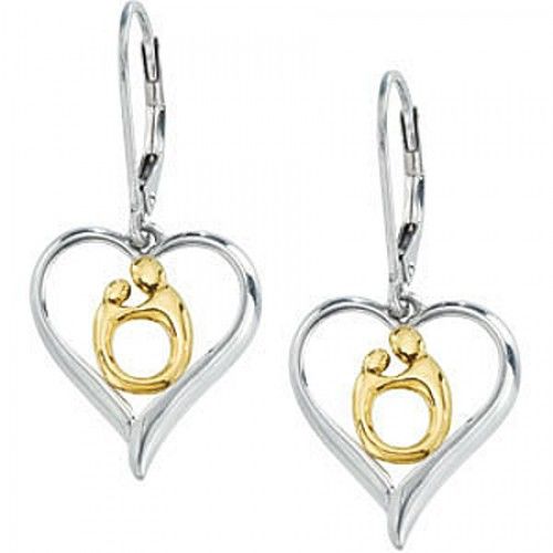 Mother & Child Heart Earrings in Yellow Gold & Sterling Silver - Lever Back