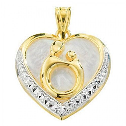 10k Rhodium Plated Yellow Gold Two-Tone Heart Shaped Mother & Child Pendant