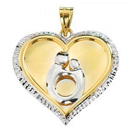 10k Yellow Gold & Rhodium Plating Two-Tone Heart Mother & Child Pendant