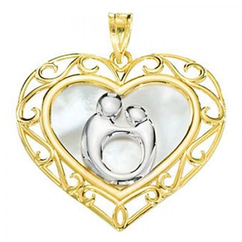 10k Yellow Gold & Rhodium Plating Two-Tone Loving Heart Mother & Child Pendant