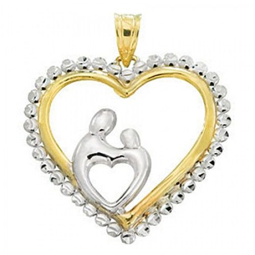 10k Yellow Gold & Rhodium Plating Two-Tone Embracing Mother & Child Pendant