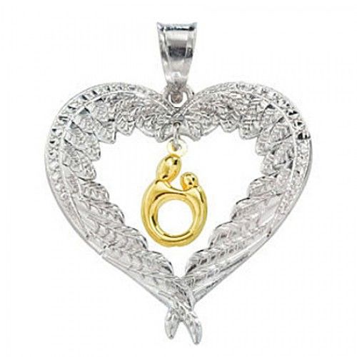 10k Yellow Gold & Sterling Silver Heart Shaped Wings Mother & Child Pendant