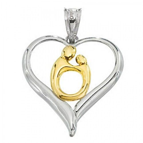10k Yellow Gold & Sterling Silver Embracing in a Heart Mother & Child Pendant