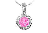 Created Pink Sapphire and Cubic Zirconia Circle Pendant : 14K White Gold - 1.25 CT TGW