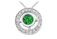 Emerald and Diamond Circle Pendant : 14K White Gold - 0.50 CT TGW