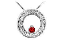 Ruby and Diamond Circle Pendant : 14K White Gold - 1.00 CT TGW
