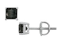 14K White Gold : Princess Cut Black Diamond Stud Earrings  1.00 CT. TW.