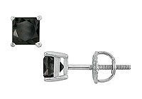 14K White Gold : Princess Cut Black Diamond Stud Earrings  1.50 CT. TW.