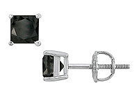 14K White Gold : Princess Cut Black Diamond Stud Earrings  2.00 CT. TW.