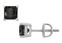 14K White Gold : Princess Cut Black Diamond Stud Earrings  3.00 CT. TW.