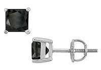 14K White Gold : Princess Cut Black Diamond Stud Earrings  4.00 CT. TW.