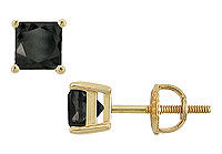 14K Yellow Gold : Princess Cut Black Diamond Stud Earrings  3.00 CT. TW.