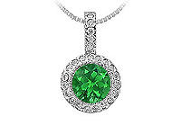Emerald and Diamond Circle Pendant : 14K White Gold - 1.25 CT TGW