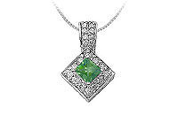 Emerald and Diamond Pendant : 14K White Gold - 0.75 CT TGW