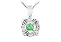 Emerald and Diamond Circle Pendant : 14K White Gold - 0.25 CT TGW