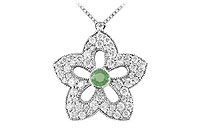 Emerald and Diamond Flower Pendant : 14K White Gold - 2.00 CT TGW