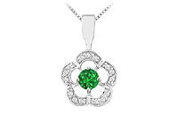 Emerald and Diamond Flower Pendant : 14K White Gold - 0.50 CT TGW