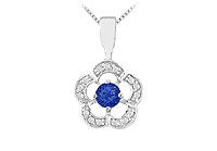 Sapphire and Diamond Flower Pendant : 14K White Gold - 0.50 CT TGW