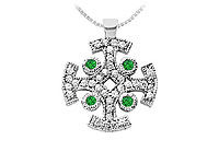 Emerald and Diamond Cross Pendant : 14K White Gold - 1.50 CT TGW