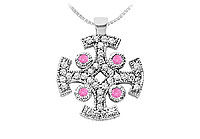 Pink Sapphire and Diamond Cross Pendant : 14K White Gold - 1.50 CT TGW