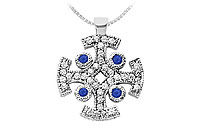 Sapphire and Diamond Cross Pendant : 14K White Gold - 1.50 CT TGW