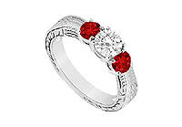 Three Stone Ruby and Diamond Ring : 14K White Gold - 0.33 CT TGW