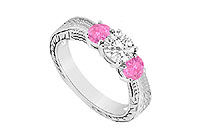 Three Stone Pink Sapphire and Diamond Ring : 14K White Gold - 0.33 CT TGW