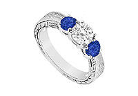 Three Stone Sapphire and Diamond Ring : 14K White Gold - 0.50 CT TGW