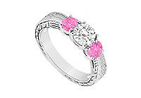 Three Stone Pink Sapphire and Diamond Ring : 14K White Gold - 0.50 CT TGW