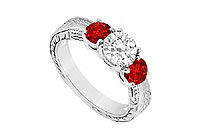 Three Stone Ruby and Diamond Ring : 14K White Gold - 0.75 CT TGW