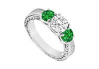 Three Stone Emerald and Diamond Ring : 14K White Gold - 1.00 CT TGW