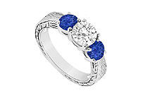 Three Stone Sapphire and Diamond Ring : 14K White Gold - 1.00 CT TGW