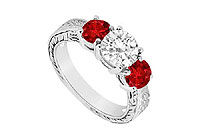 Three Stone Ruby and Diamond Ring : 14K White Gold - 1.25 CT TGW