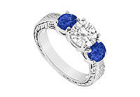 Three Stone Sapphire and Diamond Ring : 14K White Gold - 1.25 CT TGW