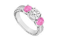 Three Stone Pink Sapphire and Diamond Ring : 14K White Gold - 1.25 CT TGW