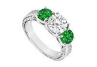 Three Stone Emerald and Diamond Ring : 14K White Gold - 1.50 CT TGW