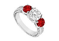 Three Stone Ruby and Diamond Ring : 14K White Gold - 1.50 CT TGW