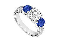 Three Stone Sapphire and Diamond Ring : 14K White Gold - 1.50 CT TGW