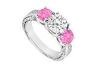 Three Stone Pink Sapphire and Diamond Ring : 14K White Gold - 1.50 CT TGW
