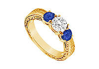 Three Stone Sapphire and Diamond Ring : 14K Yellow Gold - 0.50 CT TGW