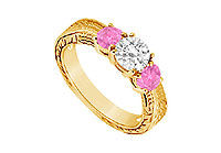 Three Stone Pink Sapphire and Diamond Ring : 14K Yellow Gold - 0.50 CT TGW