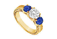 Three Stone Sapphire and Diamond Ring : 14K Yellow Gold - 1.25 CT TGW